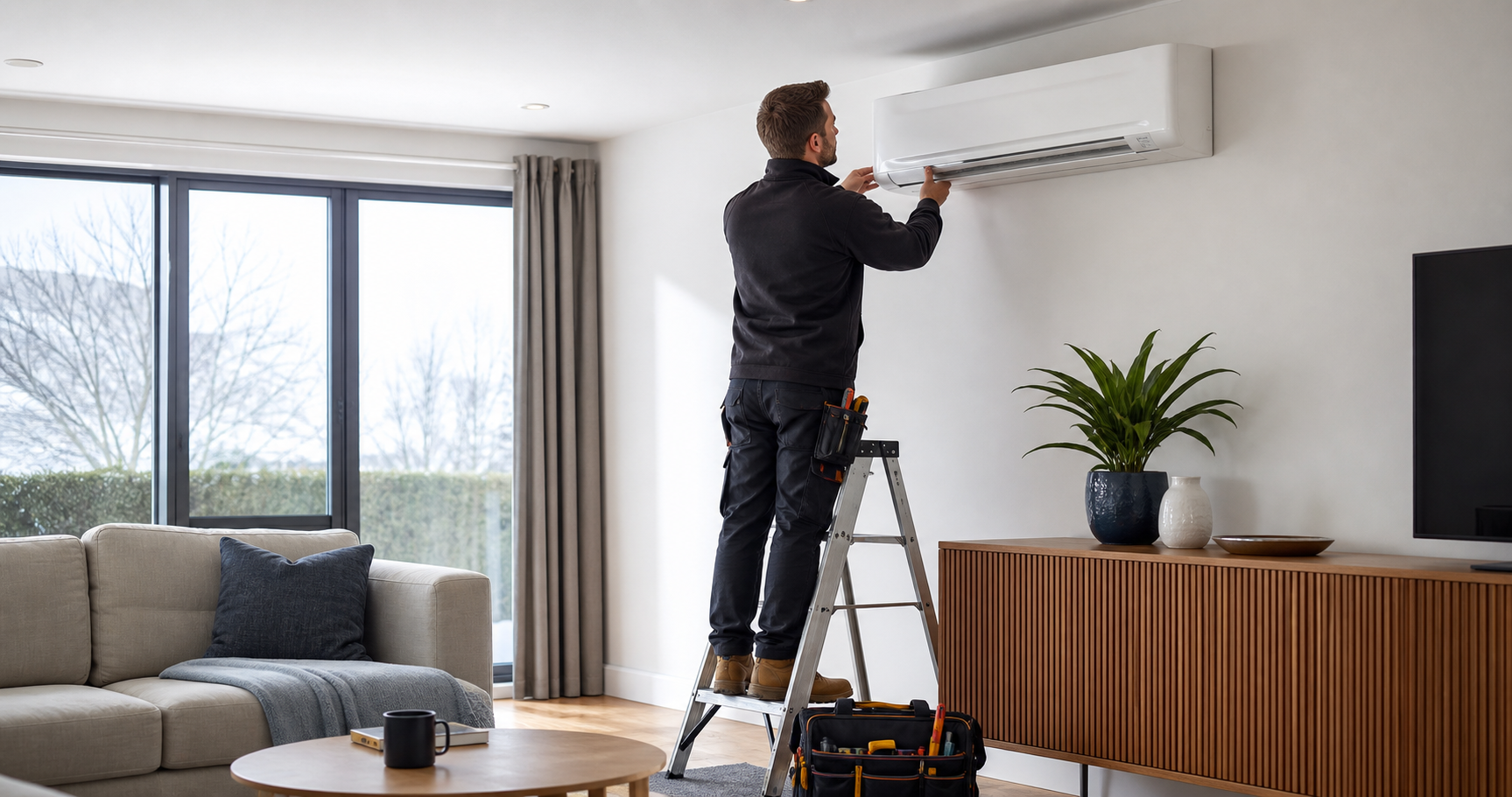 A professional heat pump installation in a warm lounge